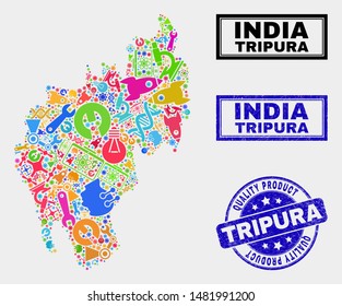 Vector collage of tools Tripura State map and blue stamp for quality product. Tripura State map collage created with tools, wrenches, science symbols.