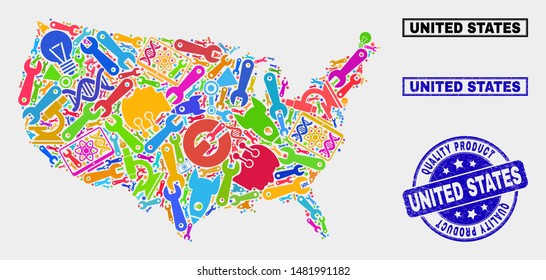 Vector collage of tools United States map and blue seal for quality product. United States map collage made with tools, spanners, production icons.