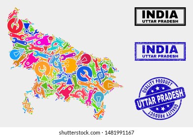 Vector collage of tools Uttar Pradesh State map and blue seal stamp for quality product. Uttar Pradesh State map collage created with tools, wrenches, science icons.