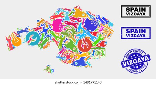 Vector collage of tools Vizcaya Province map and blue seal for quality product. Vizcaya Province map collage composed with tools, spanners, industry symbols.