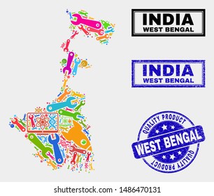 Vector collage of tools West Bengal State map and blue seal for quality product. West Bengal State map collage formed with tools, spanners, industry symbols.