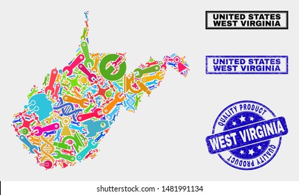 Vector collage of tools West Virginia State map and blue stamp for quality product. West Virginia State map collage made with equipment, spanners, industry symbols.