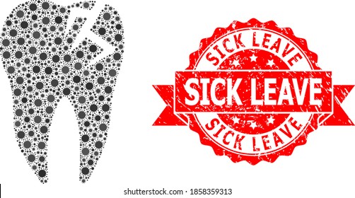 Vector collage tooth fracture of SARS virus, and Sick Leave textured ribbon stamp seal. Virus cells inside tooth fracture collage. Red stamp seal includes Sick Leave title inside ribbon.