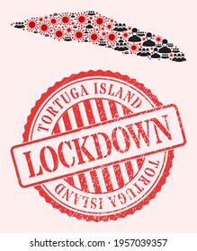 Vector collage Tortuga Island of Haiti map of SARS virus, masked men and red grunge lockdown seal stamp. Virus items and people in masks inside Tortuga Island of Haiti map.