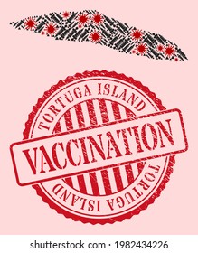 Vector collage Tortuga Island of Haiti map of corona virus, inoculation icons, and red grunge vaccine stamp. Virus elements and inoculation items inside Tortuga Island of Haiti map.