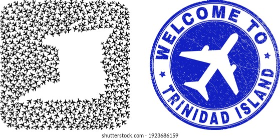 Vector collage Trinidad Island map of trip items and grunge Welcome seal stamp. Mosaic geographic Trinidad Island map created as carved shape from rounded square shape with airplanes.