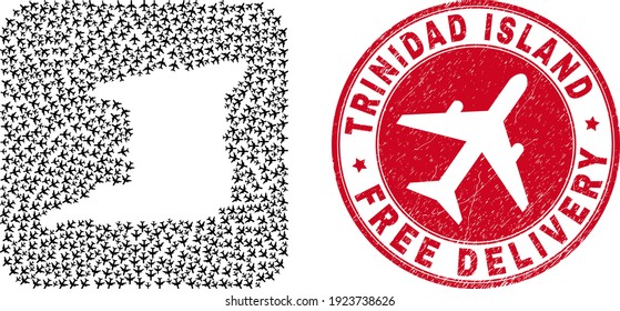 Vector collage Trinidad Island map of aviation items and grunge Free Delivery seal stamp.