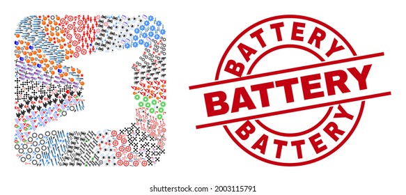 Vector collage Trinidad Island map of different symbols and Battery badge. Mosaic Trinidad Island map constructed as carved shape from rounded square shape. Red round badge with Battery text.