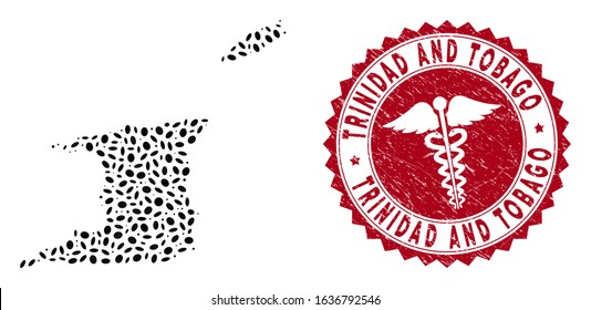 Vector collage Trinidad and Tobago map and red rounded grunge stamp watermark with health care symbol. Trinidad and Tobago map collage composed with elliptic items. Red round clinic stamp,
