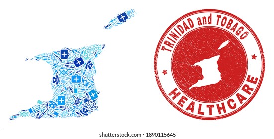 Vector collage Trinidad and Tobago map with healthcare icons, medicine symbols, and grunge doctor watermark. Red round stamp with grunge rubber texture and Trinidad and Tobago map text and map.