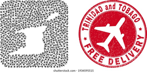 Vector collage Trinidad and Tobago map of air force plane elements and grunge Free Delivery seal.