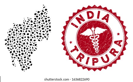 Vector collage Tripura State map and red round distressed stamp seal with caduceus sign. Tripura State map collage created with ellipse spots. Red round serpents seal stamp, with grunge texture.