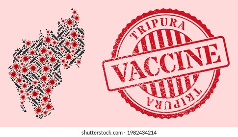 Vector collage Tripura State map of corona virus, inoculation icons, and red grunge vaccination seal stamp. Virus cells and syringe items inside Tripura State map.