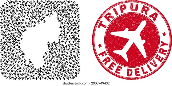 Vector collage Tripura State map of air force elements and grunge Free Delivery stamp.