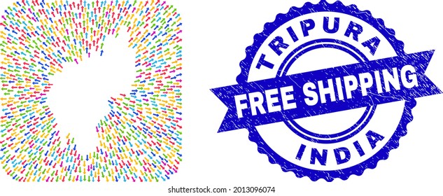 Vector collage Tripura State map of movement arrows and grunge Free Shipping seal. Mosaic Tripura State map constructed as carved shape from rounded square shape with delivery arrows.