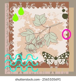 vector collage with tulip treebranch, butterfly and neon color elements, creative composition with sketch of nature