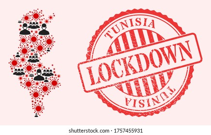 Vector collage Tunisia map of covid-2019 virus, masked men and red grunge lockdown stamp. Virus elements and people in masks inside Tunisia map. Red stamp with grunge rubber texture and LOCKDOWN text.
