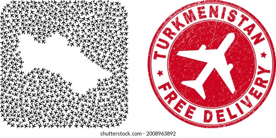 Vector collage Turkmenistan map of air force items and grunge Free Delivery stamp.