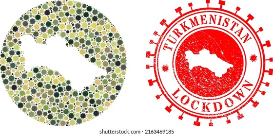Vector collage Turkmenistan map of flu virus elements and grunge LOCKDOWN badge.