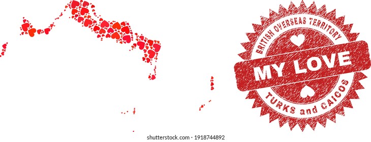 Collage vectorial Islas Turcas y Caicos mapa de elementos del corazón de amor y grunge la insignia de mi amor. Mapa geográfico mosaico de las Islas Turcas y Caicos construido con corazones amorosos.