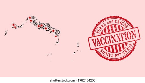 Collage de vectores Mapa de las Islas Turcas y Caicos del virus covid-2019, íconos de vacunación y sello de sello de vacunación de grunge rojo. Células de virus y agujas de inoculación dentro del mapa de las Islas Turcas y Caicos.