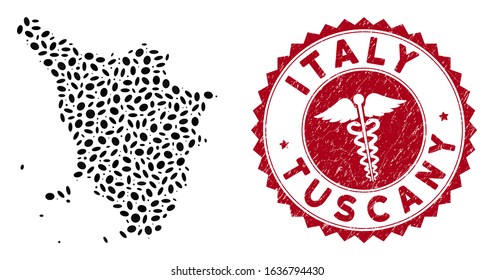 Vector collage Tuscany region map and red round rubber stamp seal with medical sign. Tuscany region map collage composed with elliptic items. Red round medical seal stamp, with grunge texture.