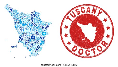 Vector collage Tuscany region map of dose icons, hospital symbols, and grunge health care rubber imitation. Red round stamp with grunge rubber texture and Tuscany region map tag and map.