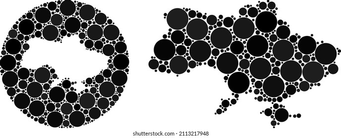 Vector collage Ukraine map of spheric parts. Mosaic geographic Ukraine map designed as carved shape from round shape with round parts in black color hues. Pixelated vector mosaic Ukraine map.