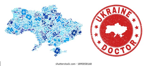 Vektorgrafik sammelt die Ukraine Karte von Impfsymbolen, chemischen Symbolen und brüchigen Wasserzeichen der Gesundheitsversorgung. Roter Runddruck mit unscharfer Kautschukstruktur und ukrainischer Kartenmarke und -karte.