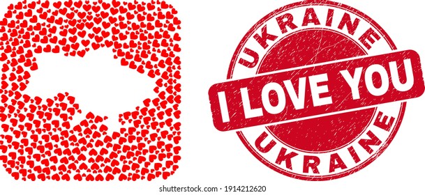 Vektorgrafik Ukraine Karte von valentinischen Herzelementen und Grunge-Liebesrobbe. Collage geographische Ukraine Karte als Subtraktion von abgerundeten quadratischen Form mit Liebe Herzen.