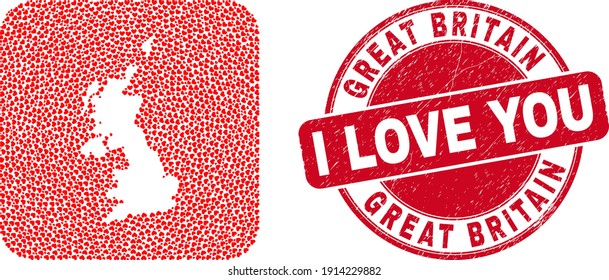 Vector collage United Kingdom map of love heart items and grunge love seal stamp. Collage geographic United Kingdom map designed as stencil from rounded square shape with love hearts.