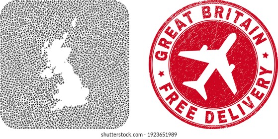 Collage de vectores Mapa del Reino Unido de artículos de avión y estampado de entrega libre de grunge.