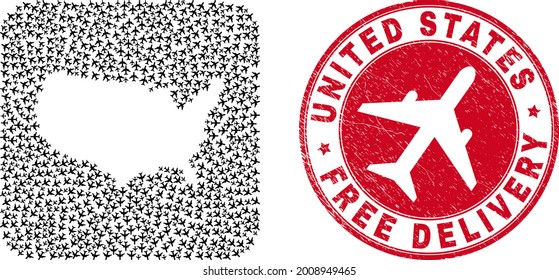 Vector collage United States map of airliner elements and grunge Free Delivery seal stamp.