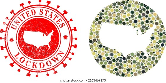 Vector Collage United States Map Of Coronavirus Items And Grunge LOCKDOWN Stamp.