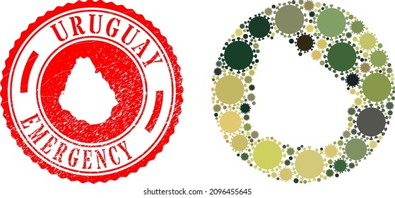 Vector collage Uruguay map of covid-2019 elements and grunge EMERGENCY seal. Mosaic geographic Uruguay map designed as carved shape from round shape with virus outbreak items in khaki army color hues.