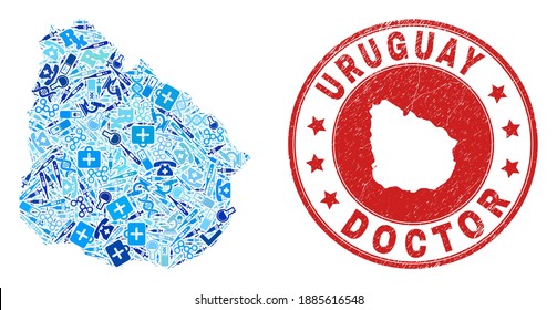 Vector collage Uruguay map with dose icons, laboratory symbols, and grunge doctor rubber imitation. Red round watermark with corroded rubber texture and Uruguay map text and map.