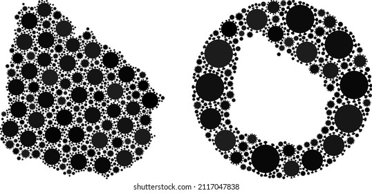 Collage vectorial Uruguay mapa de íconos del virus sars. Mapa geográfico mosaico de Uruguay diseñado como sustracción del círculo con iconos de virus sars en tonos negros. Abstracción de las advertencias de bloqueo.