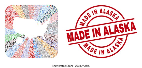 Vector collage USA with Alaska map of different icons and Made in Alaska stamp. Collage USA with Alaska map constructed as hole from rounded square shape. Red round stamp with Made in Alaska word.