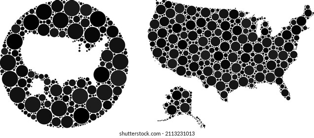 Vector collage USA with Alaska map of spheric elements. Mosaic geographic USA with Alaska map is constructed as carved shape from round shape with round elements in black color hues.