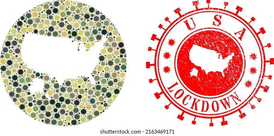 Collage de vectores en EE.UU. con el mapa Alaska de los iconos del virus SARS y el sello de sello LOCKDOWN.