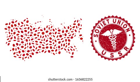 Vector collage USSR map and red round rubber stamp seal with serpents sign. USSR map collage formed with elliptic items. Red round serpents seal, with unclean texture.