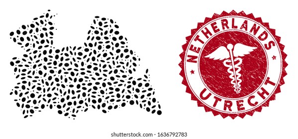 Vector collage Utrecht Province map and red round grunge stamp seal with caduceus sign. Utrecht Province map collage created with elliptic elements. Red round clinic seal stamp, with unclean texture.