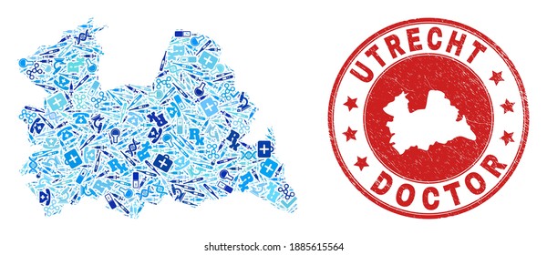 Vector collage Utrecht Province map with dose icons, first aid symbols, and grunge health care seal. Red round watermark with scratched rubber texture and Utrecht Province map word and map.