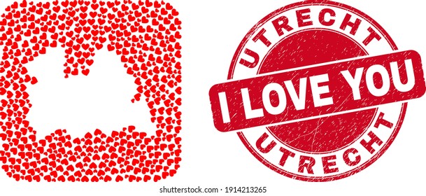 Vector collage Utrecht Province map of love heart items and grunge love seal stamp. Collage geographic Utrecht Province map created as hole from rounded square with love hearts.
