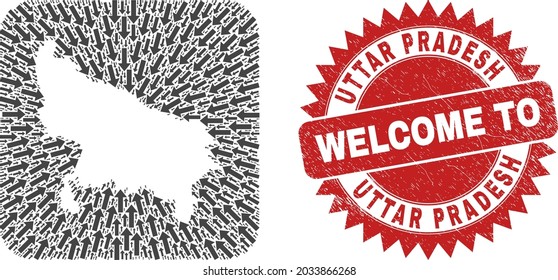 Vector collage Uttar Pradesh State map of movement arrows and rubber Welcome stamp. Collage geographic Uttar Pradesh State map designed as subtraction from rounded square with straight arrows.