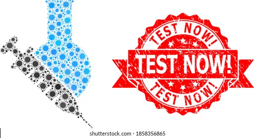 Vector collage vaccine labs of virus, and Test Now! rubber ribbon seal print. Virus items inside vaccine labs collage. Red seal has Test Now! title inside ribbon.