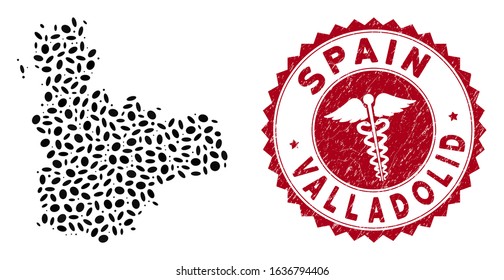 Vector collage Valladolid Province map and red round distressed stamp seal with clinic sign. Valladolid Province map collage composed with oval spots. Red round health care watermark,