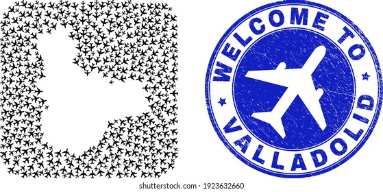 Vector collage Valladolid Province map of airline items and grunge Welcome seal stamp. Collage geographic Valladolid Province map constructed as hole from rounded square shape with airports.