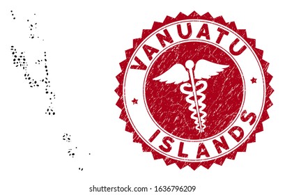 Vector collage Vanuatu Islands map and red rounded grunge stamp seal with health care symbol. Vanuatu Islands map collage composed with ellipse elements. Red round medical seal stamp,