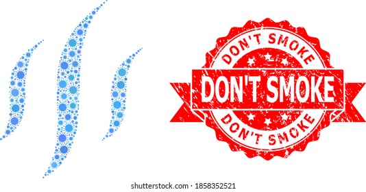 Vector collage vapor of corona virus, and Don'T Smoke rubber ribbon stamp seal. Virus elements inside vapor collage. Red stamp seal includes Don'T Smoke caption inside ribbon.